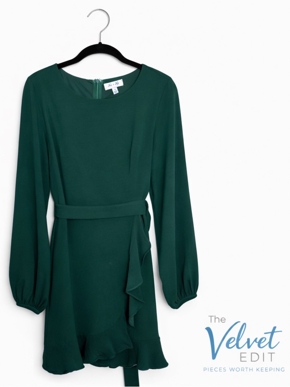 She + Sky Emerald Green Ruffle Wrap Dress Long Sleeve Size Small